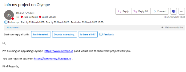 email that a colleague receives when invited to collaborate in an Olympe project